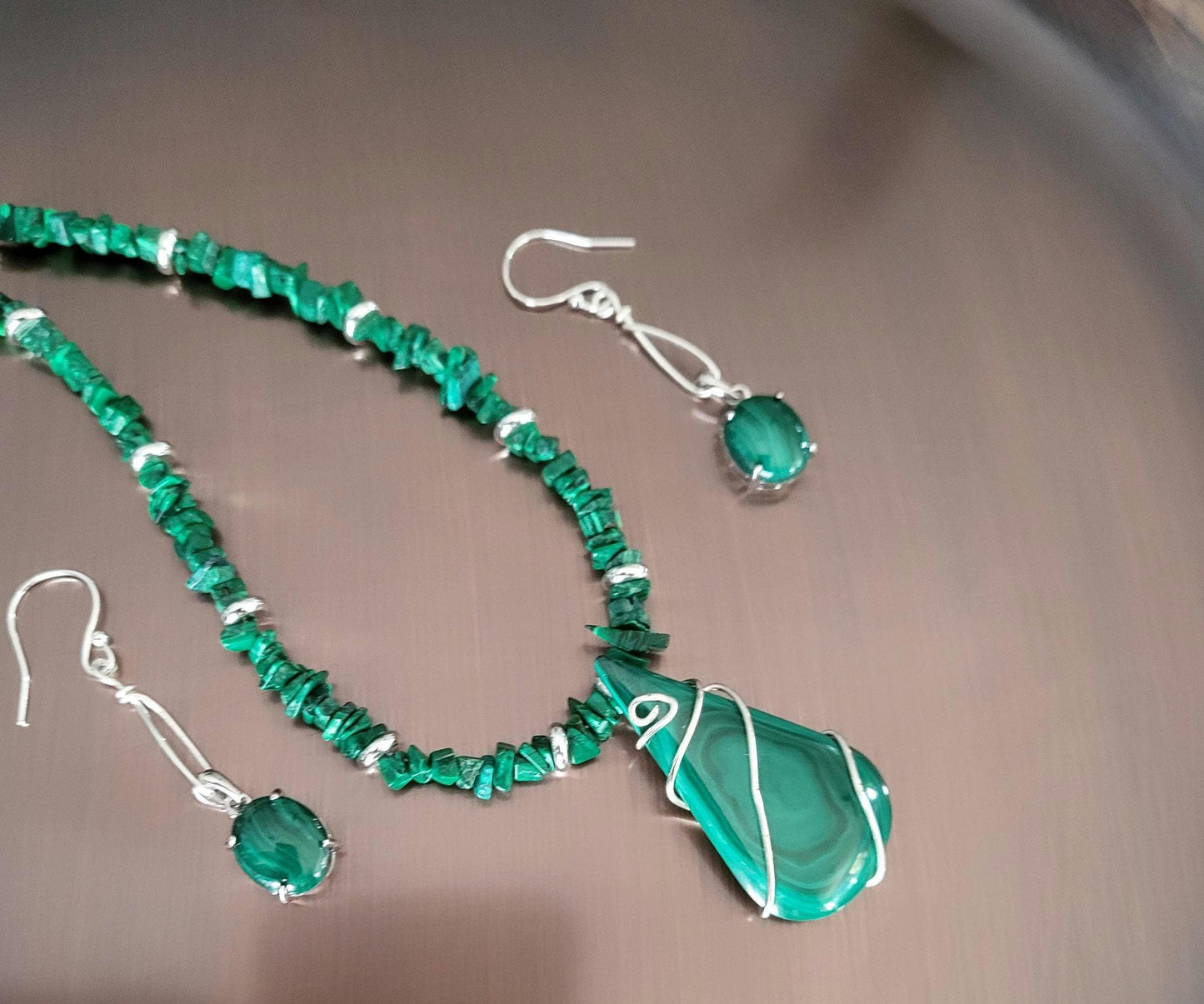 Malachite and Silver Necklace and Earrings Handmade