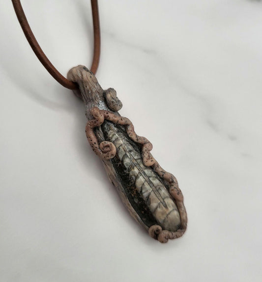 Clay wrapped Ammonite stone. Fairy Forest Necklace. Fantasy jewelry. Nature Pendant.