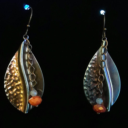 Bronze Toned Leaves with Firey Orange Crystals Dangle Earrings