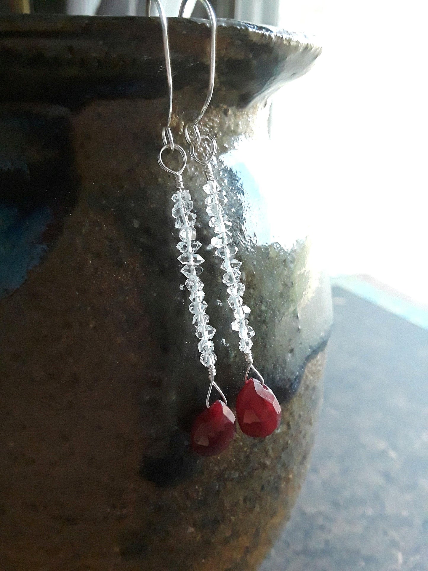 Ruby and Diamond Cascade Earrings with Silver wire.