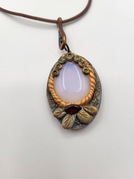 Opalite & Garnet Pendant Necklace made with Polymer Clay Sculpture on a Leather Cord