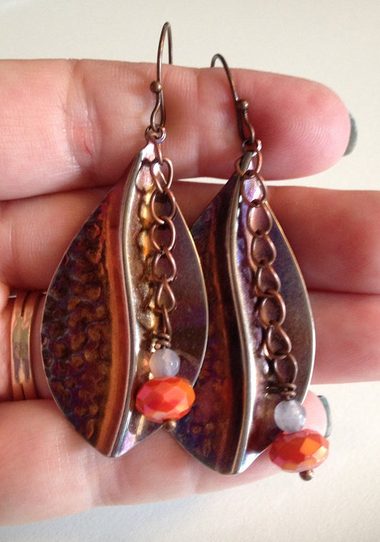 Bronze Toned Leaves with Firey Orange Crystals Dangle Earrings