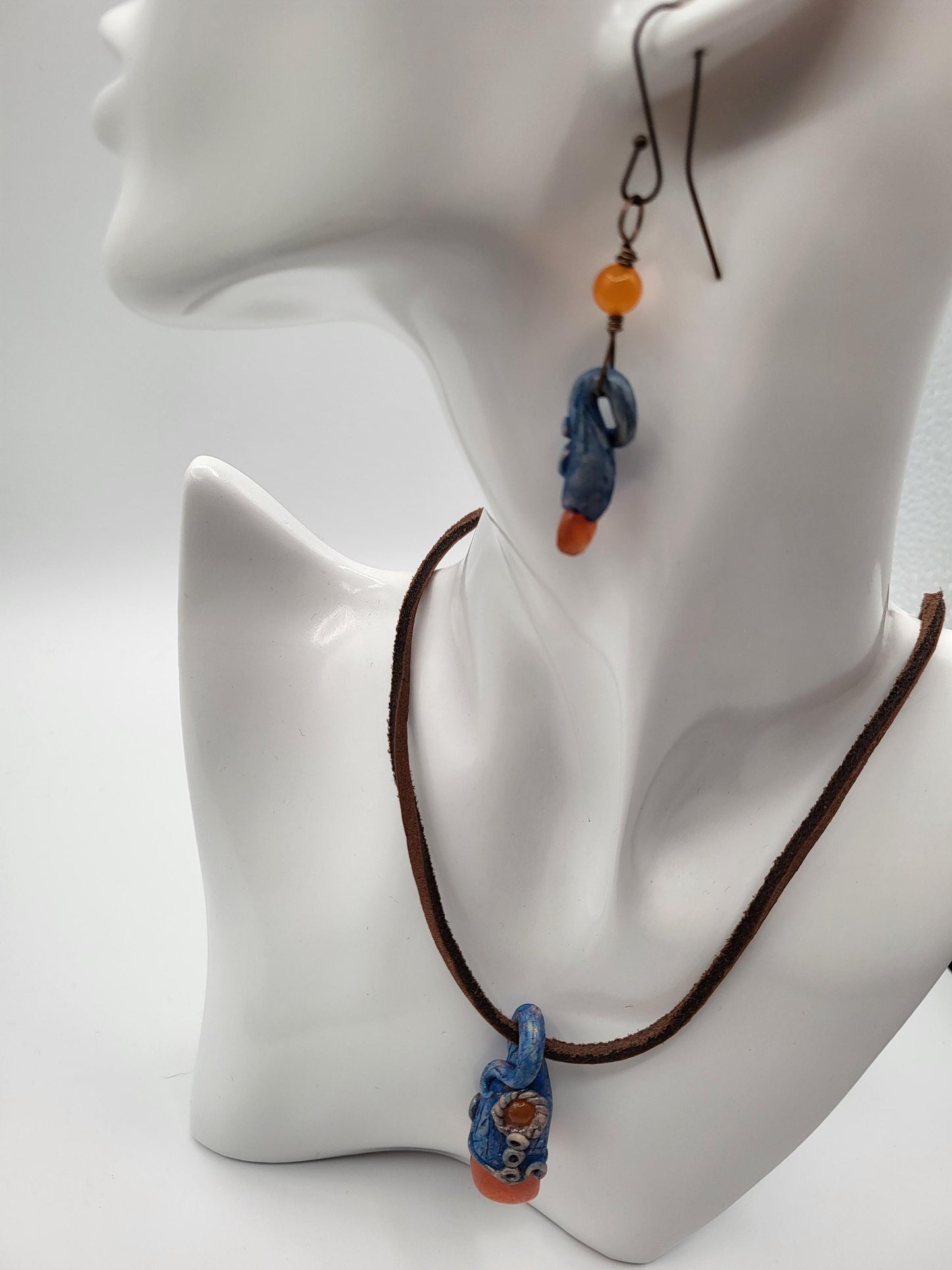 Fairy Carnelian Pendant and Earrings, Polymer Clay and Gems.