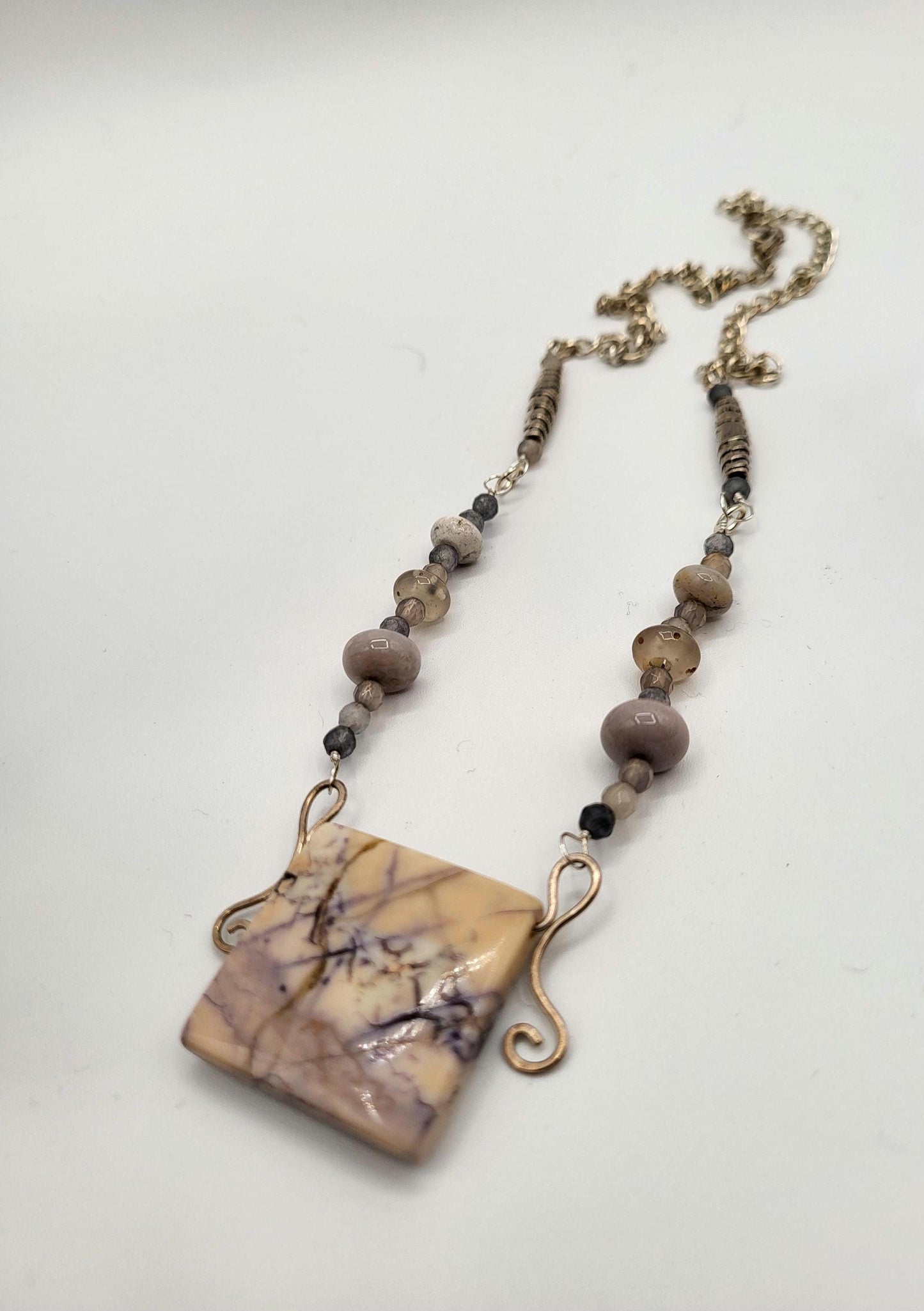 Lavender Picture Jasper and Silver Hand Wrapped Pendant & Earrings.