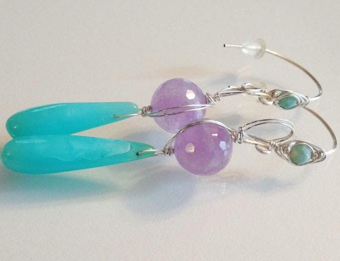 Peruvian Opal  with Lavendar Agate Earrings and Silver Wire Handmade