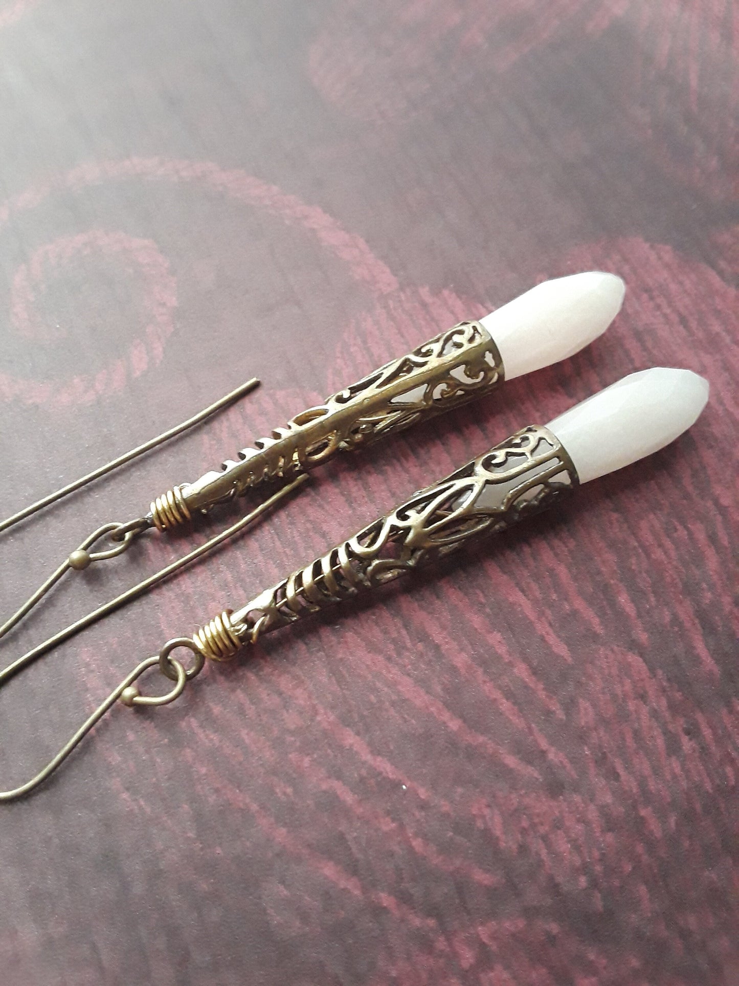 Pink Jade and Antique Bronze Drop Earrings