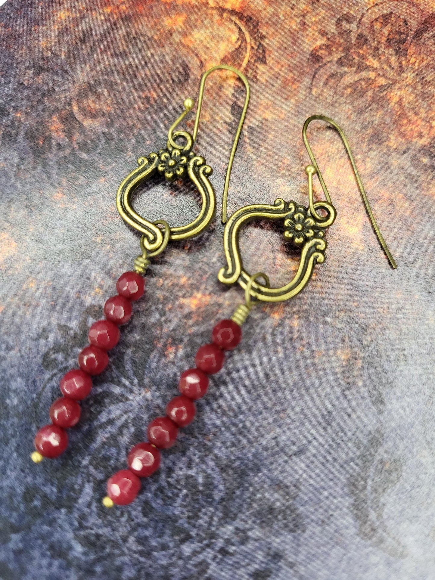 Ruby Jade and bronze drop earrings.