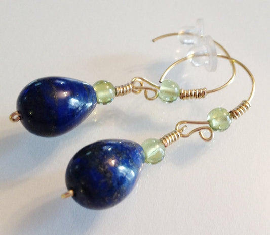 Lapis and Peridot Earrings with Brass Handmade