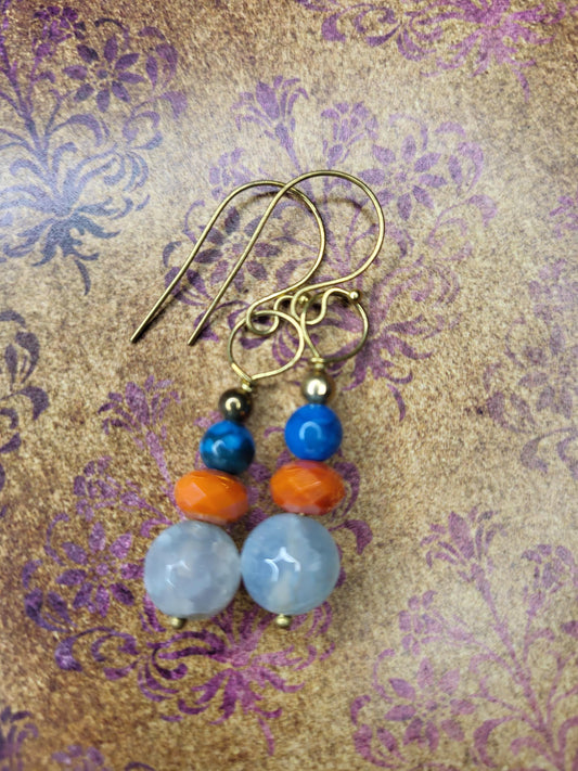 Blue Fire Agates, Blue Jasper, Orange Glass Beads and Brass wire handmade earrings.