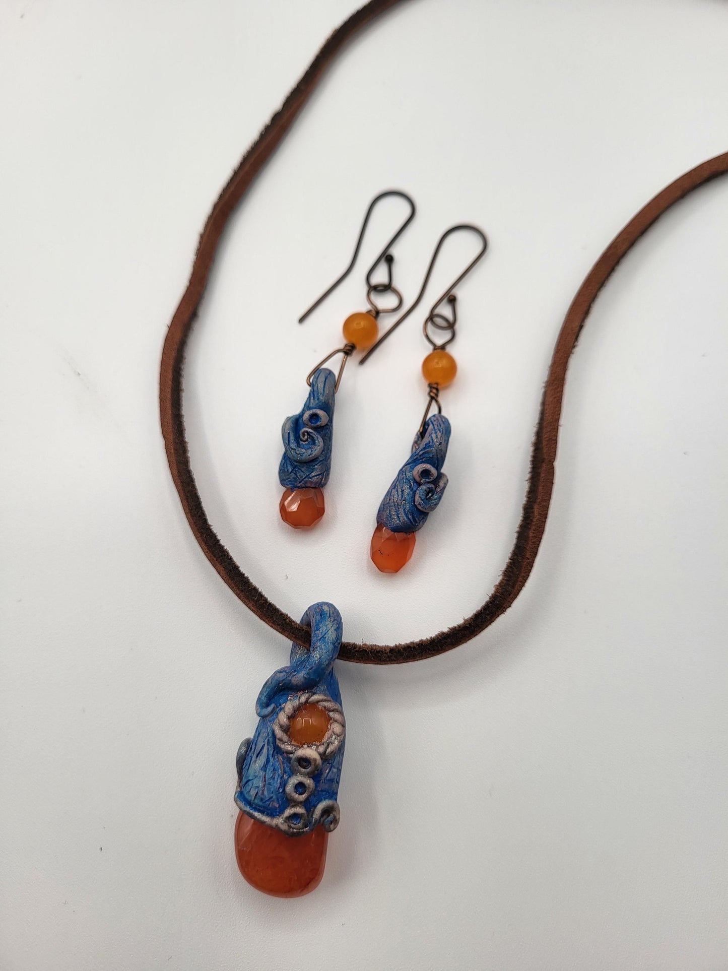Fairy Carnelian Pendant and Earrings, Polymer Clay and Gems.
