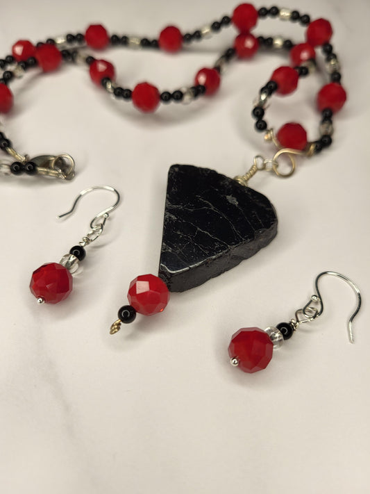Black Tourmaline Pendant Necklace with Red Glass Beads & Handmade Silver Earrings