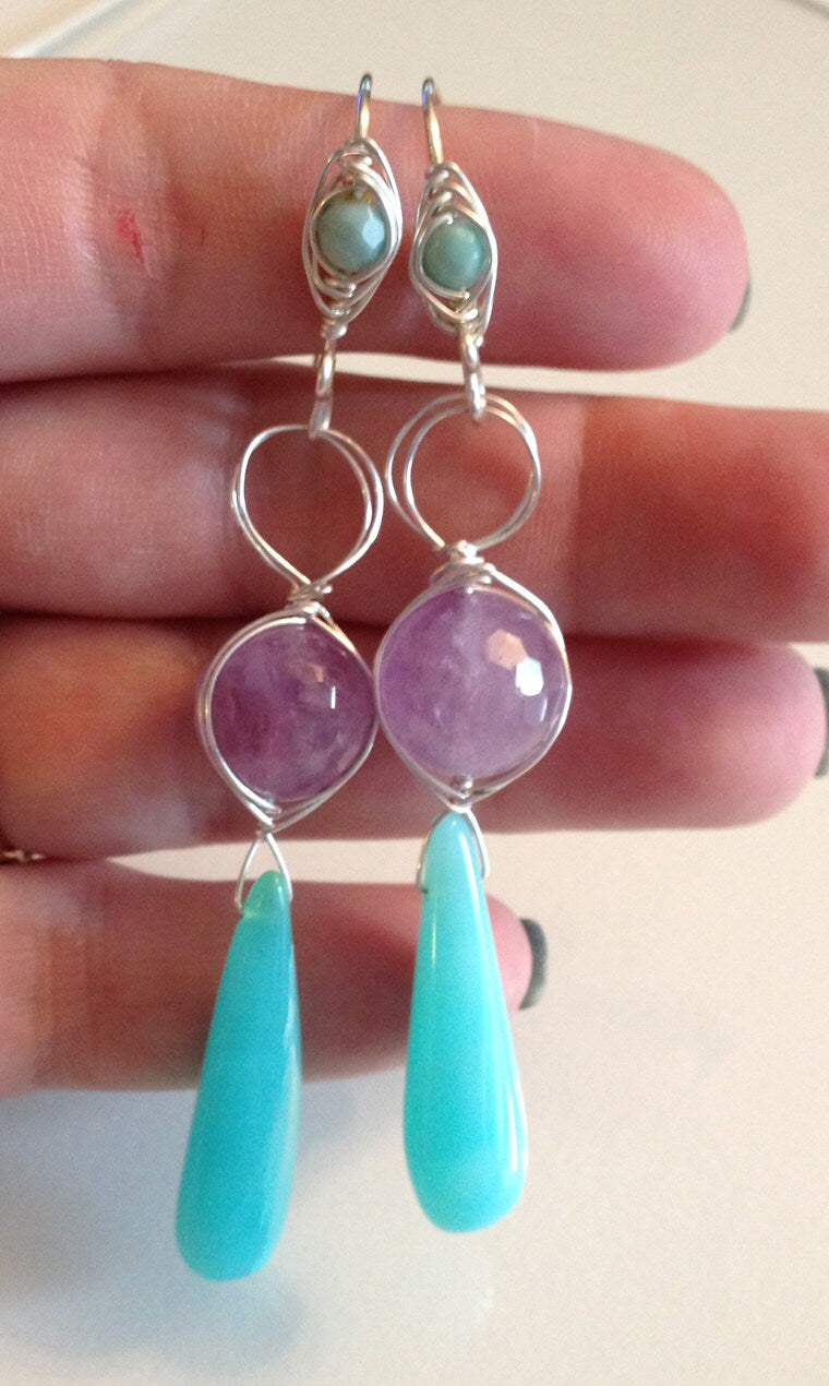 Peruvian Opal  with Lavendar Agate Earrings and Silver Wire Handmade