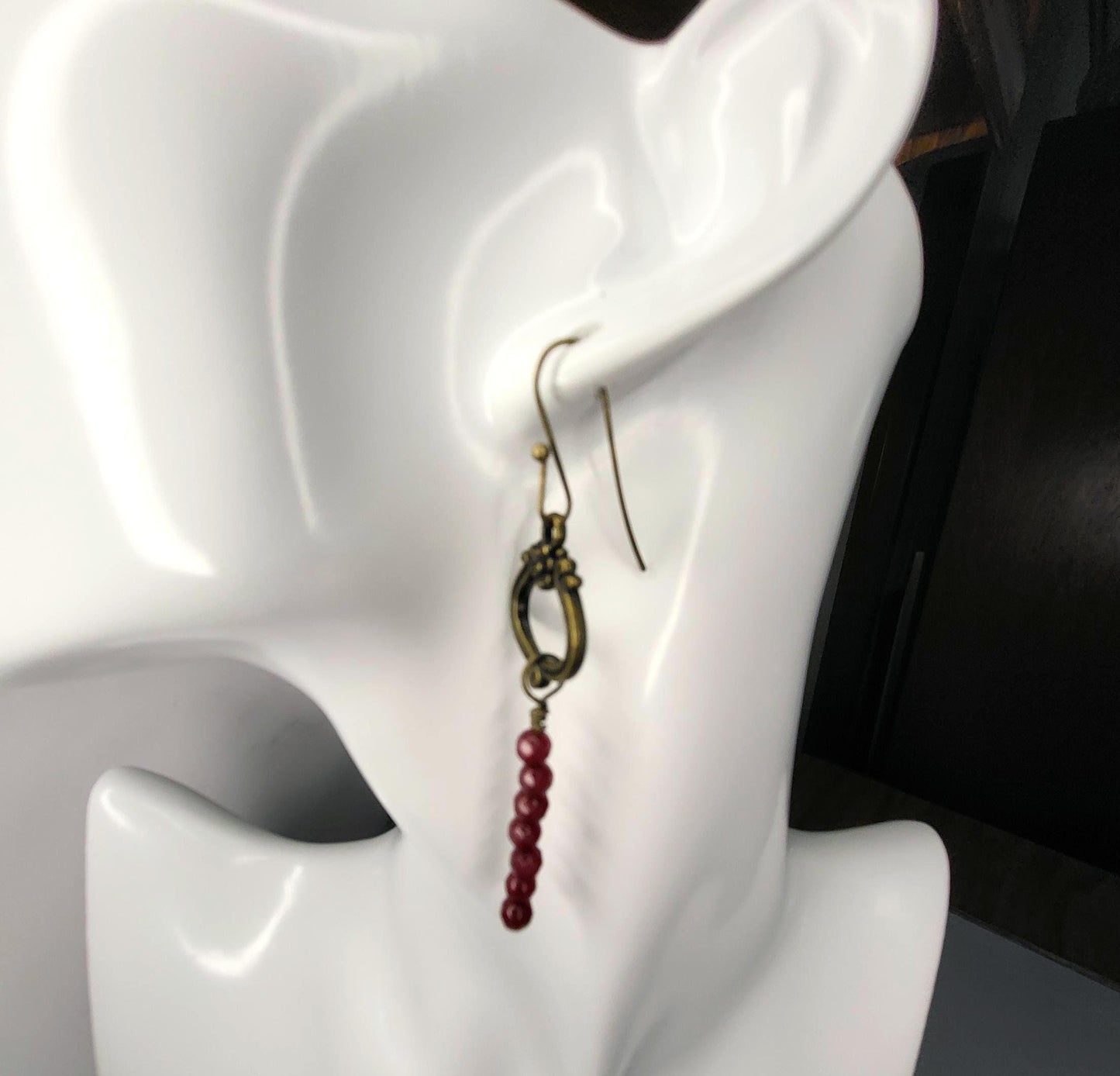 Ruby Jade and bronze drop earrings.