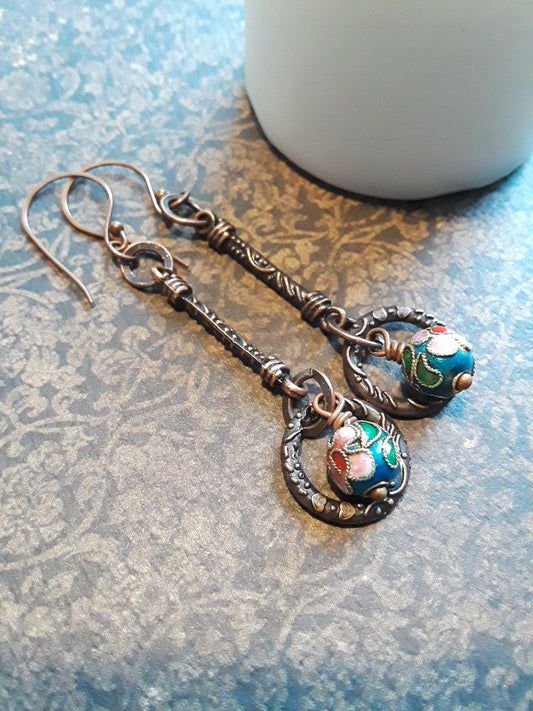Copper and Enamel beaded earrings. Copper Bohemian Earrings