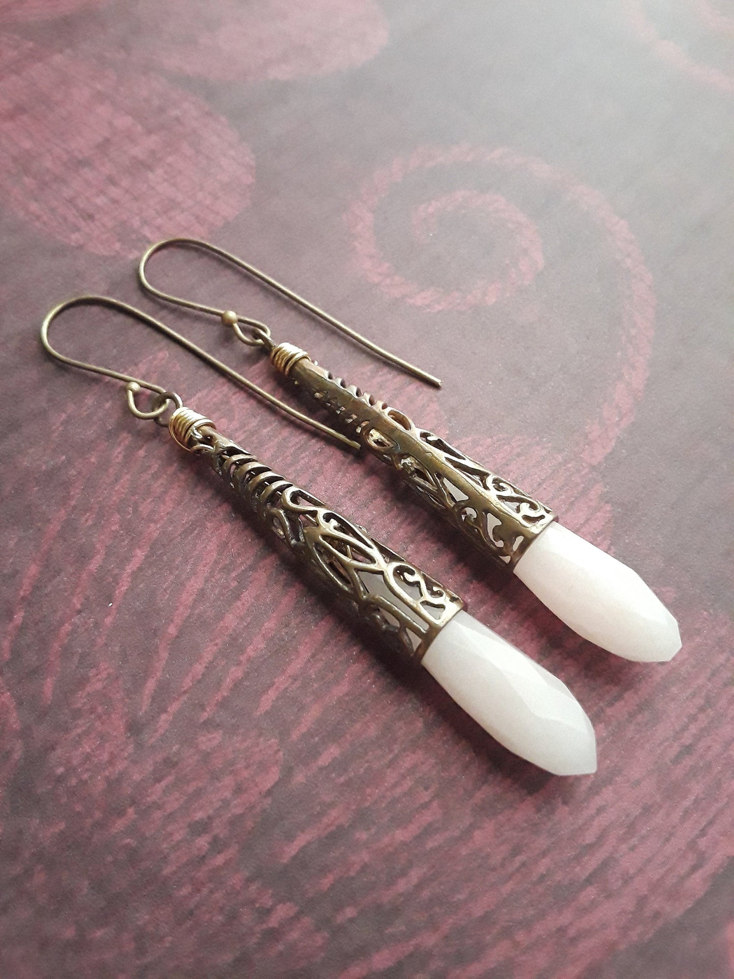 Pink Jade and Antique Bronze Drop Earrings