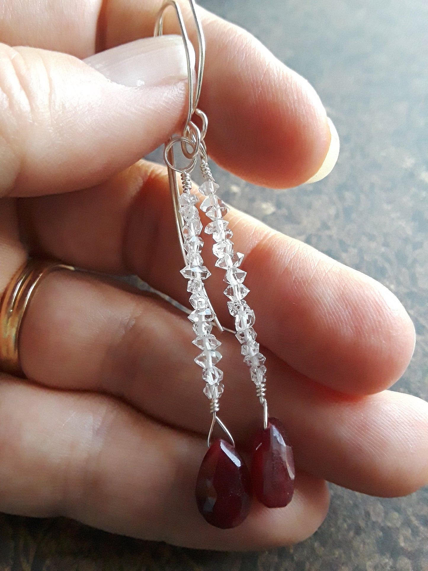 Ruby and Diamond Cascade Earrings with Silver wire.