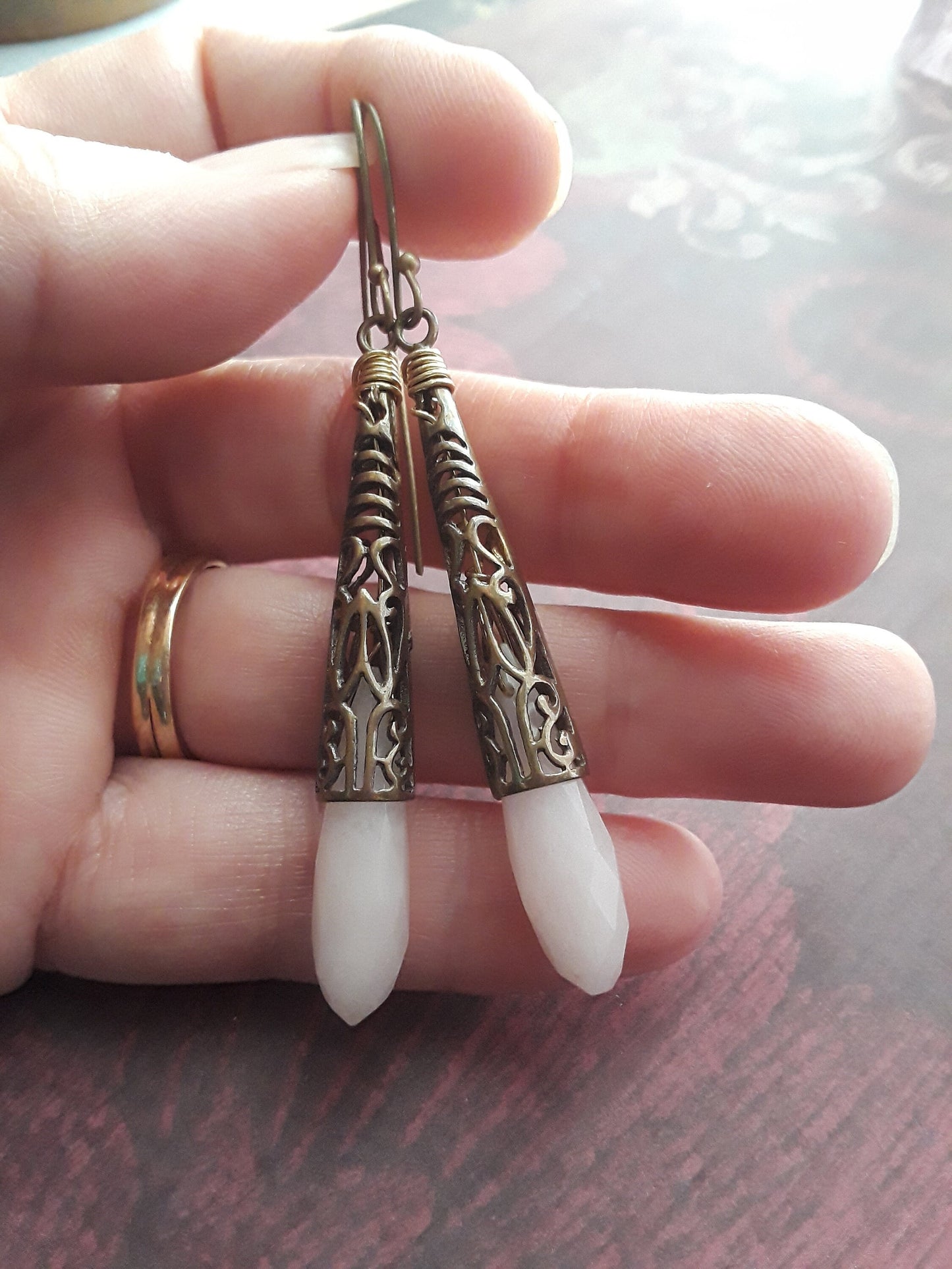 Pink Jade and Antique Bronze Drop Earrings