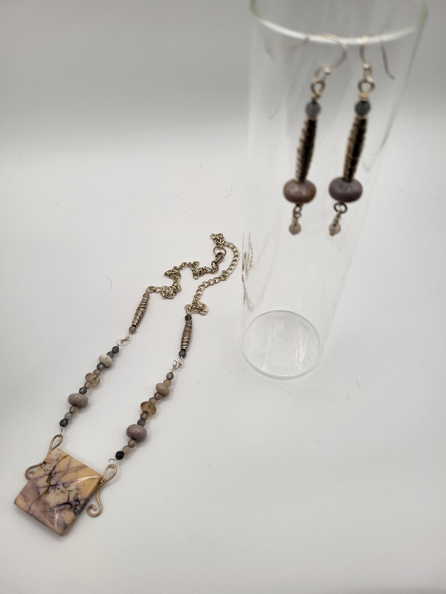 Lavender Picture Jasper and Silver Hand Wrapped Pendant & Earrings.