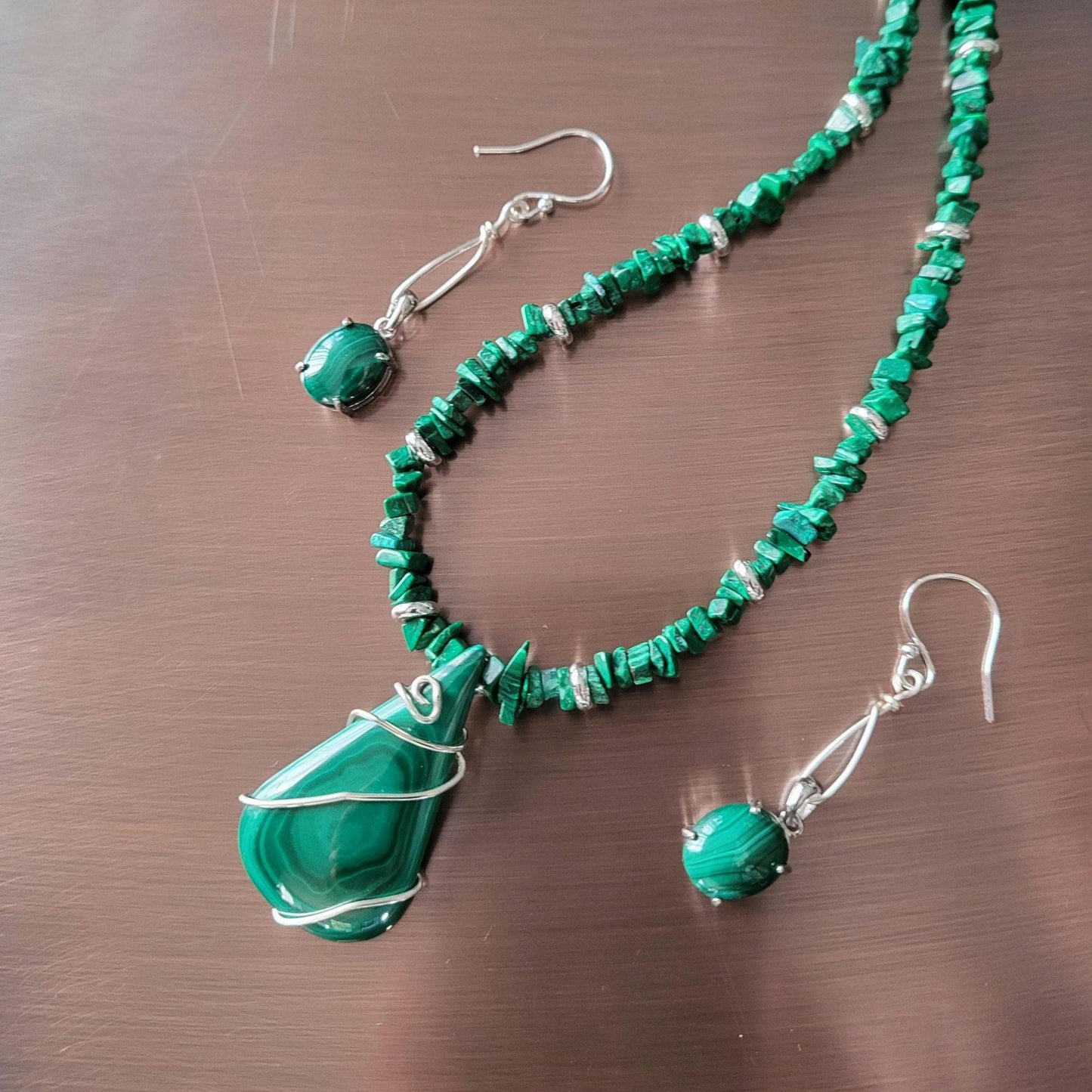 Malachite and Silver Necklace and Earrings Handmade