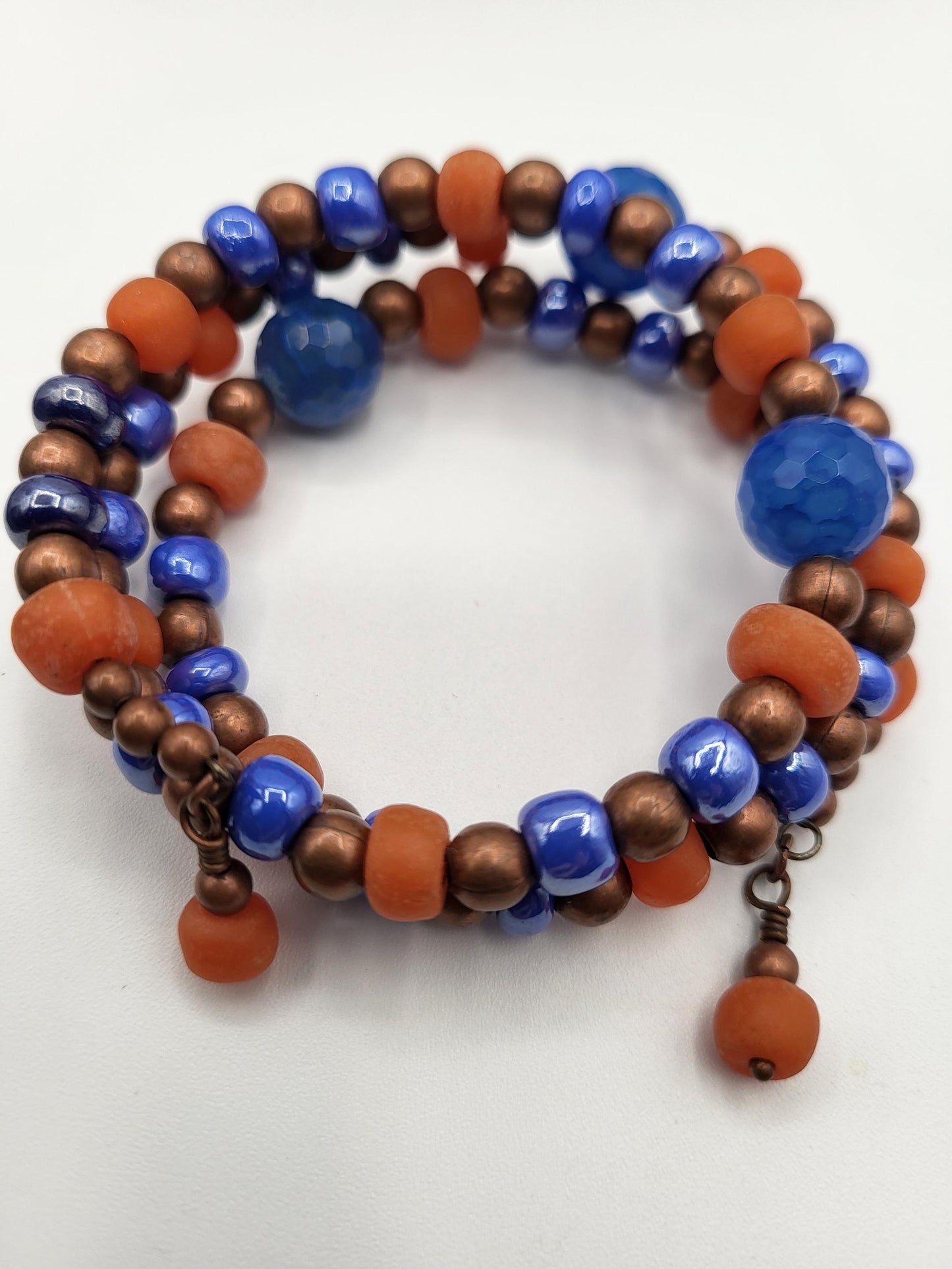 Orange African Bottle Glass Copper and Fire Blue Agate and Glass Beaded Bracelet Handmade