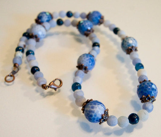 Blue Fire And Smokey Baby Blue Agate with Blue Jasper Beads Neckace and Earrings Handmade