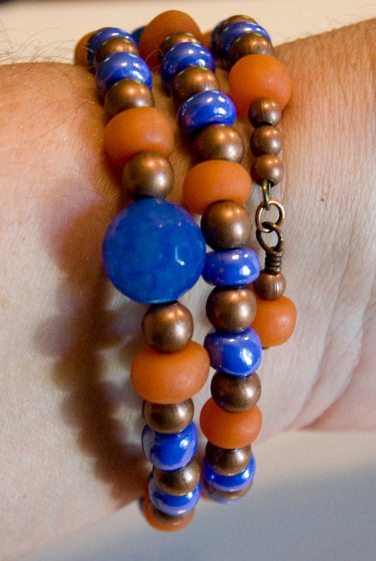 Orange African Bottle Glass Copper and Fire Blue Agate and Glass Beaded Bracelet Handmade
