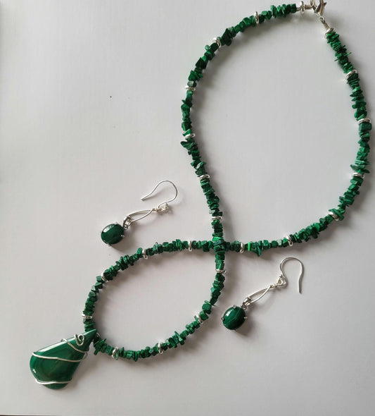 Malachite and Silver Necklace and Earrings Handmade