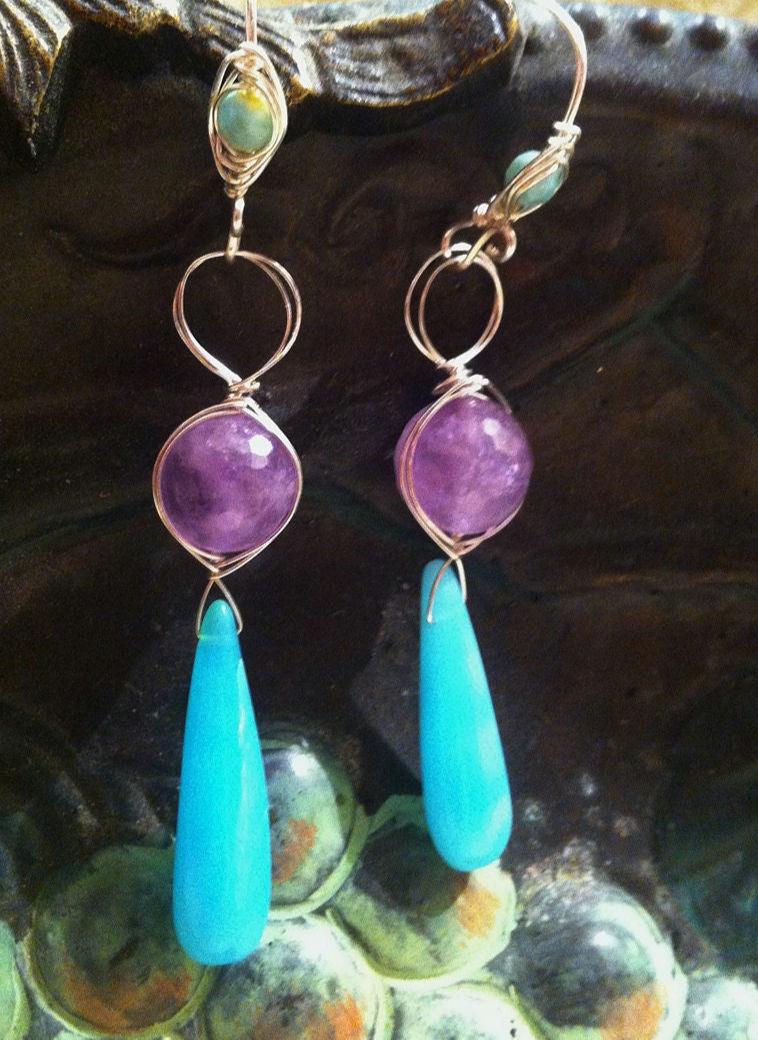 Peruvian Opal  with Lavendar Agate Earrings and Silver Wire Handmade