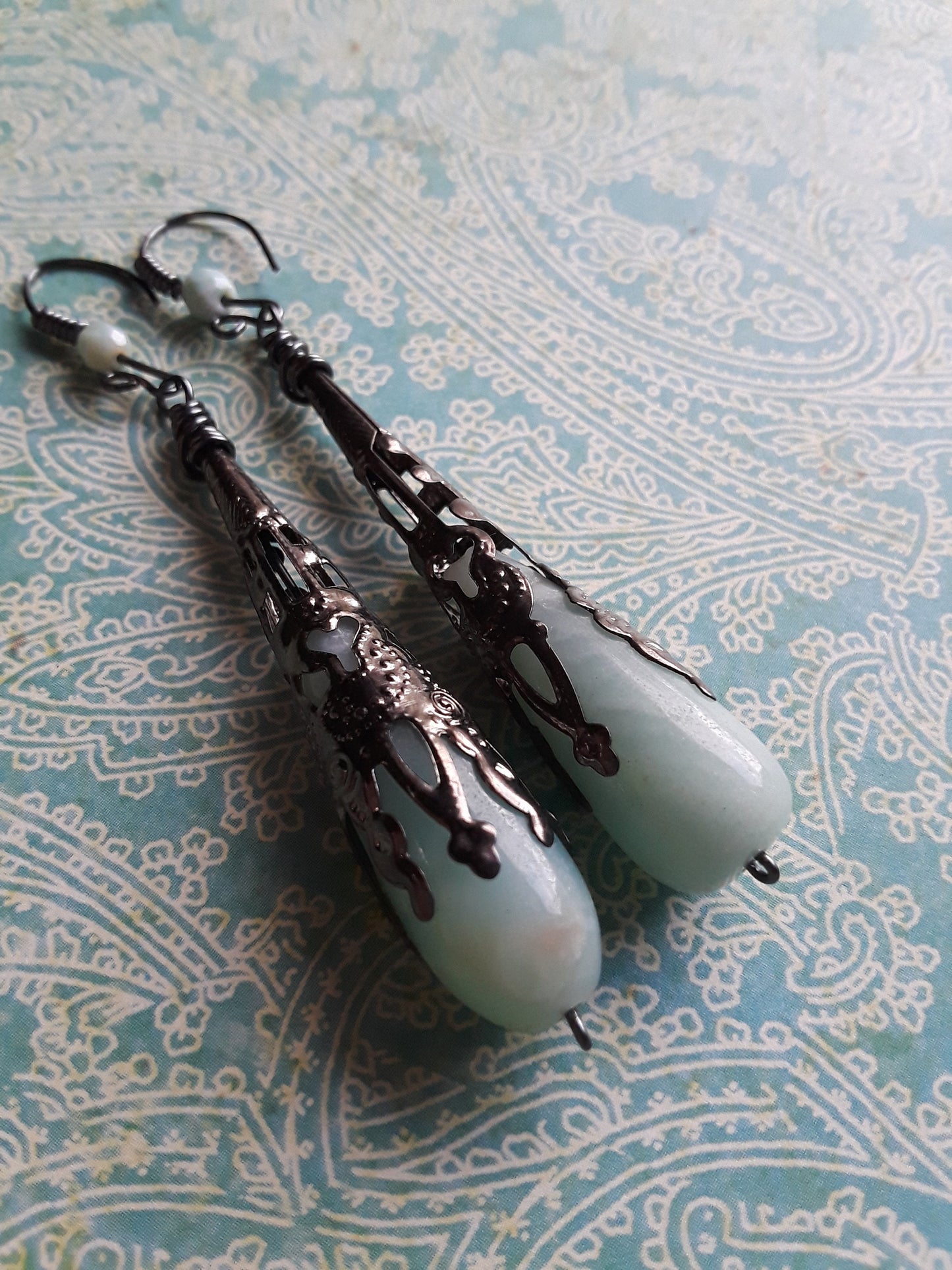 Amazonite Wire Wrapped Earrings with Gun Metal Wire and Bead Cap