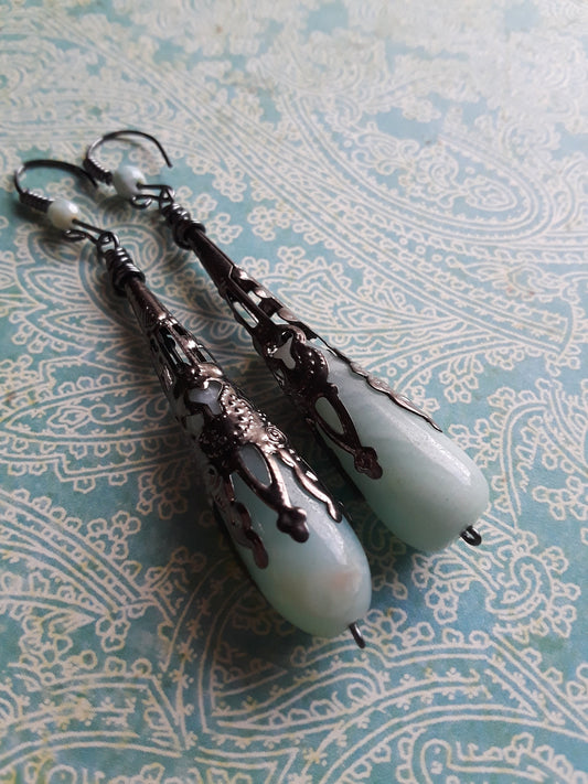 Amazonite Wire Wrapped Earrings with Gun Metal Wire and Bead Cap