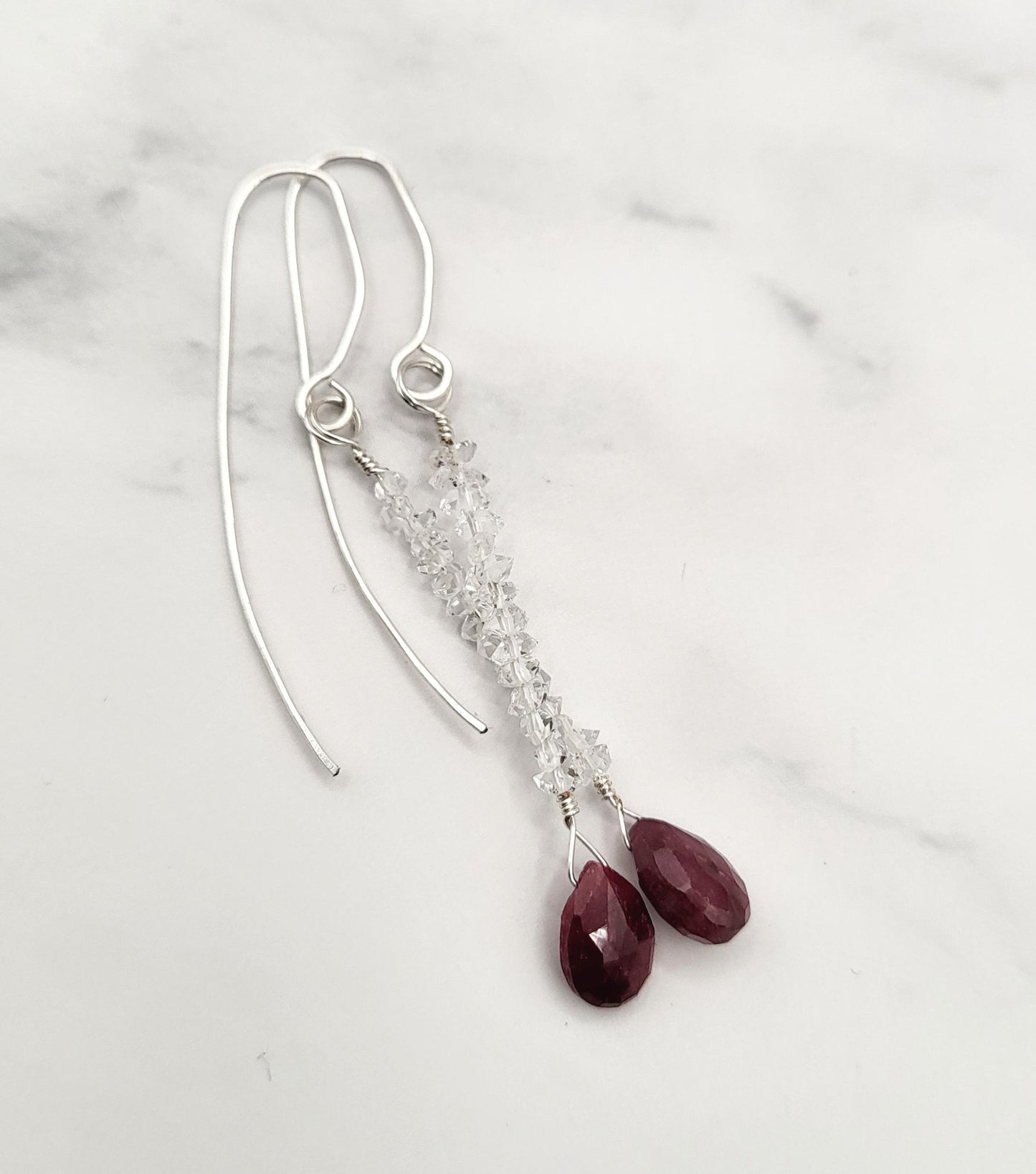 Ruby and Diamond Cascade Earrings with Silver wire.