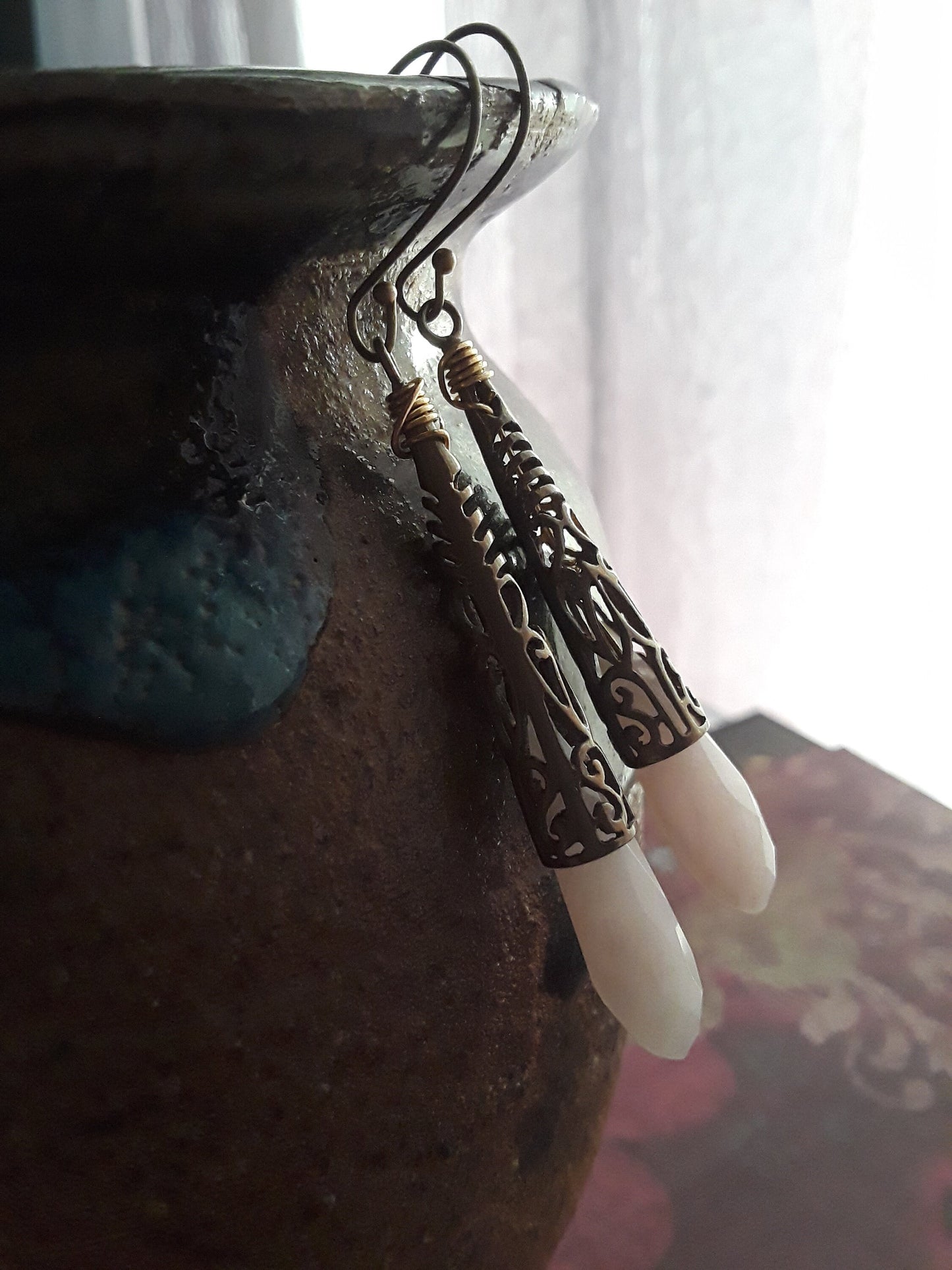 Pink Jade and Antique Bronze Drop Earrings