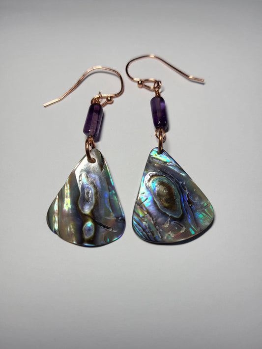 Abalone, Amethyst and Copper Drop Earrings