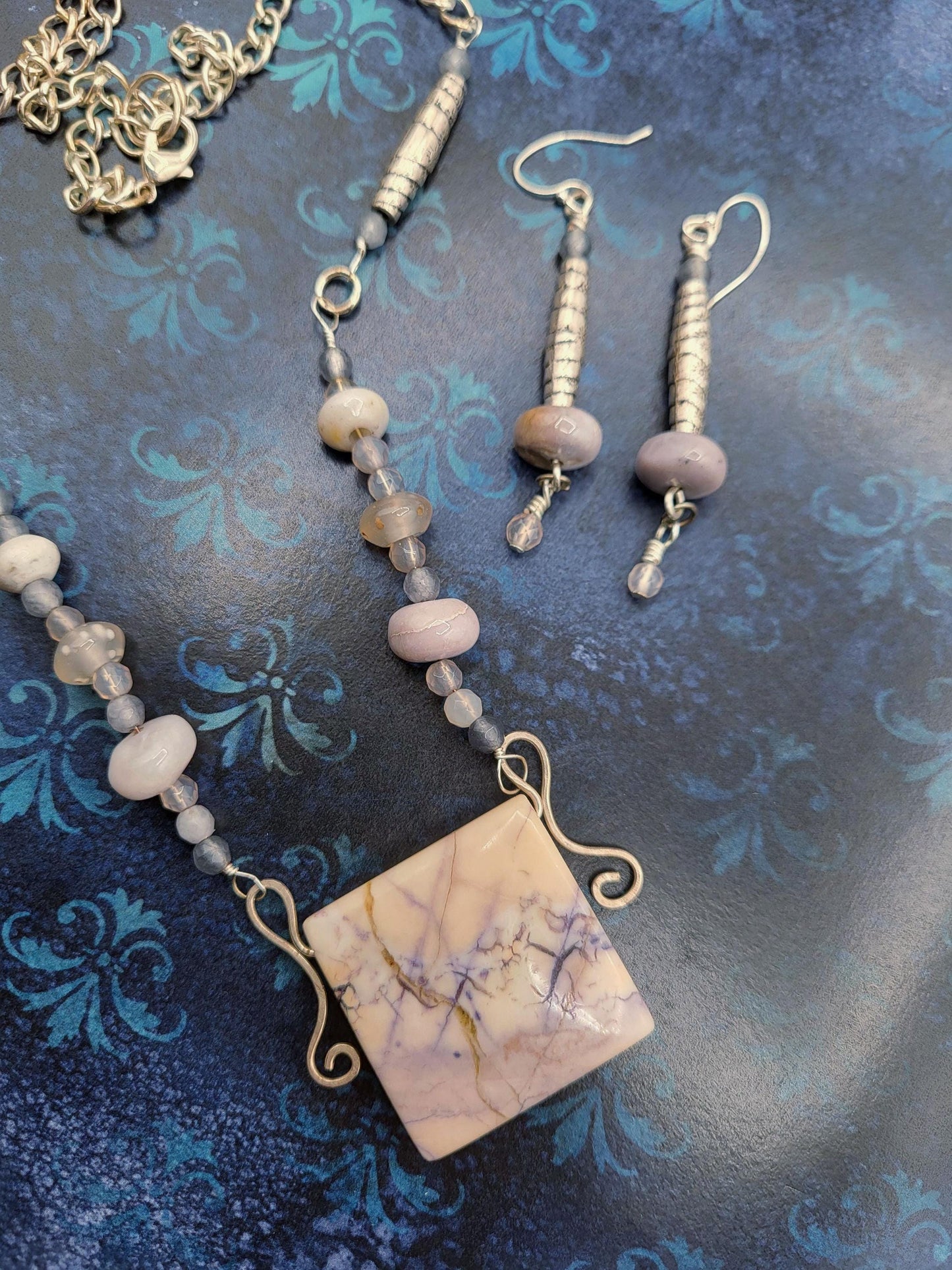 Lavender Picture Jasper and Silver Hand Wrapped Pendant & Earrings.