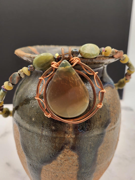 Moss Agate Olive Jasper Jade and Copper Necklace
