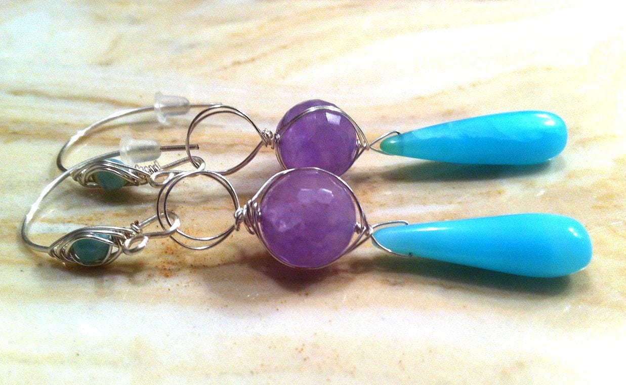 Peruvian Opal  with Lavendar Agate Earrings and Silver Wire Handmade