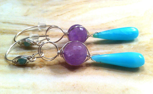 Peruvian Opal  with Lavendar Agate Earrings and Silver Wire Handmade