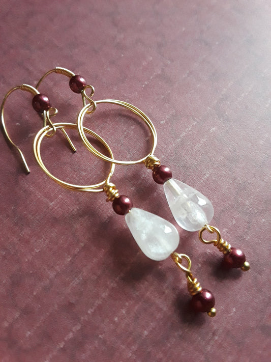 Rose Quartz Earrings with Burgundy Glass Pearls wire wrapped in Brass