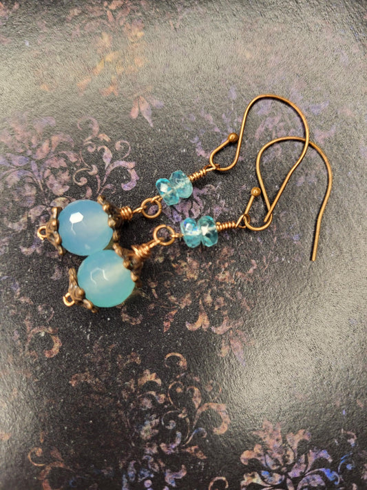 Blue Fire Agates and Apatite Beads, Copper wire earrings