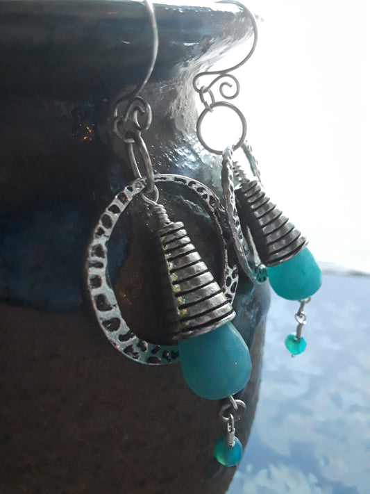 Aqua Marine, Agate and Silver Earrings