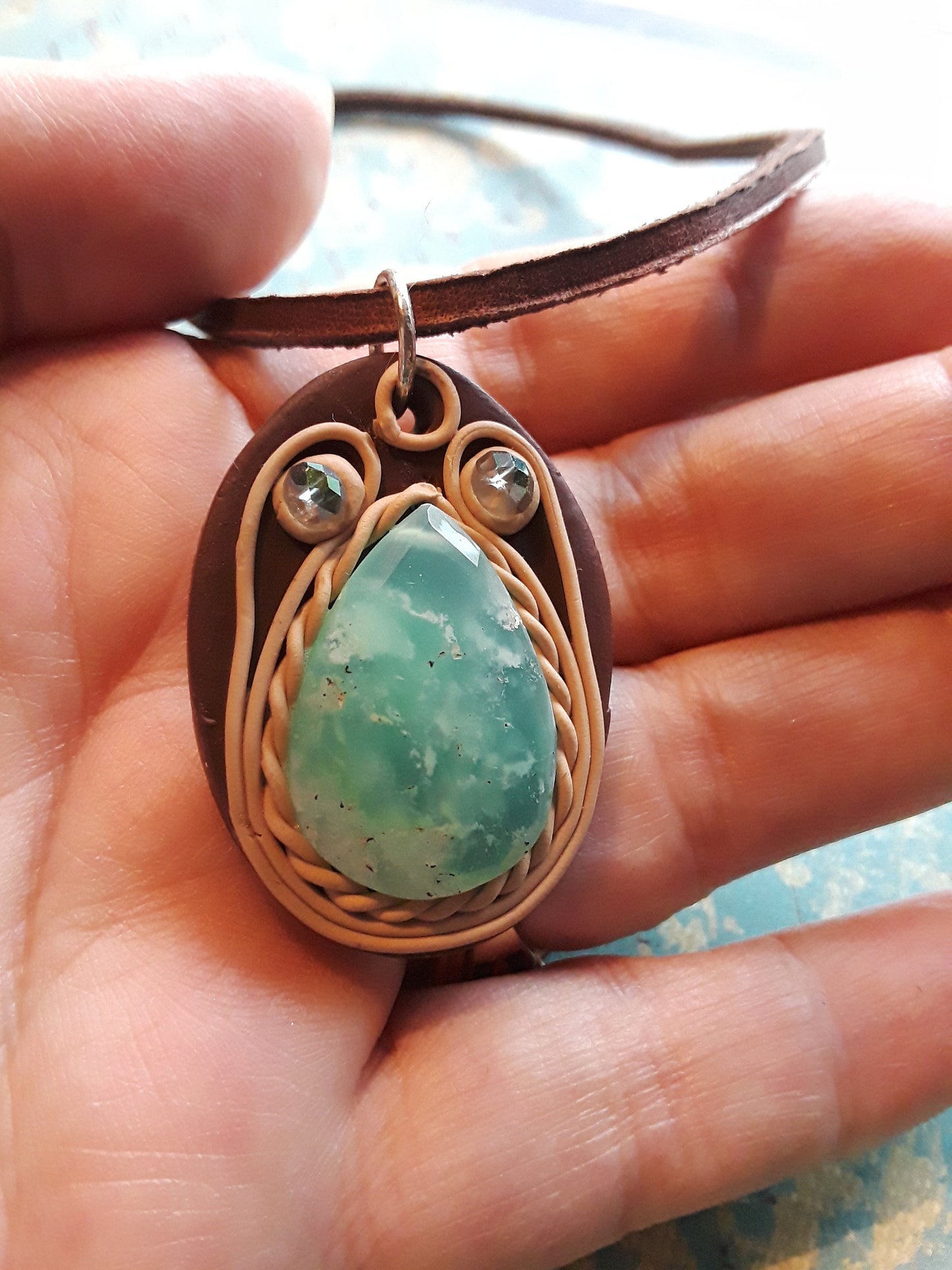 Russian Amazonite Pendant with Clay Sculpture