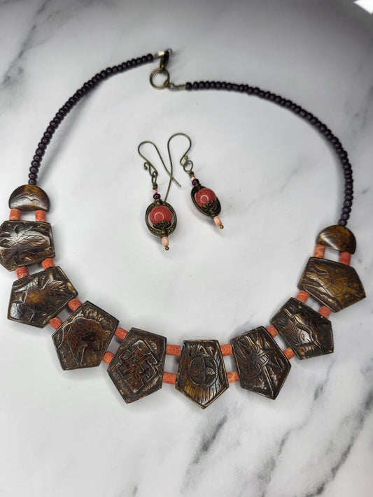 Coral and Carved Wooden Nepal Bead Neckace with Sunstone Earrings set