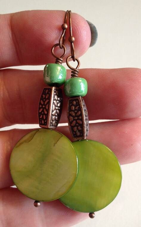 Green Shell, Copper and Glass Beaded Earrings Wire Wrapped Earrings
