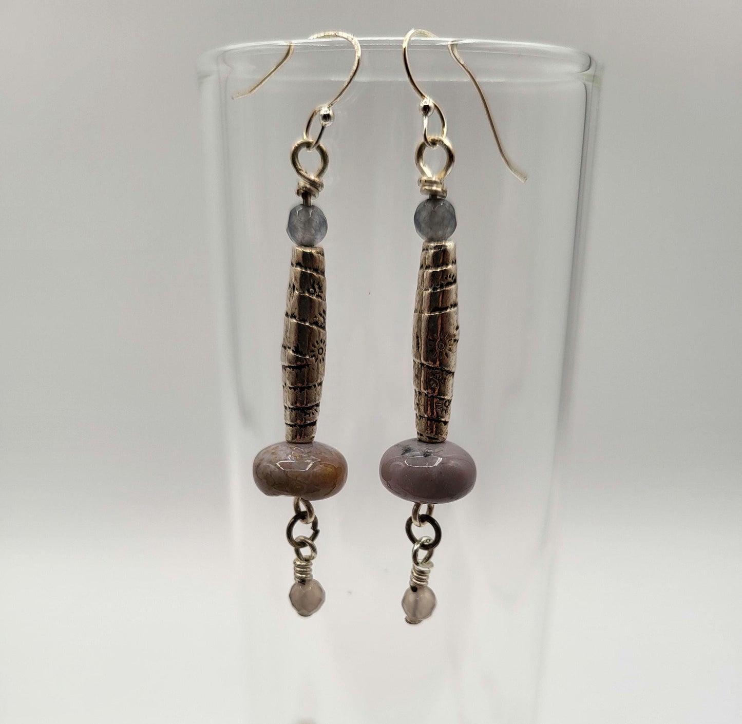 Lavender Picture Jasper and Silver Hand Wrapped Pendant & Earrings.