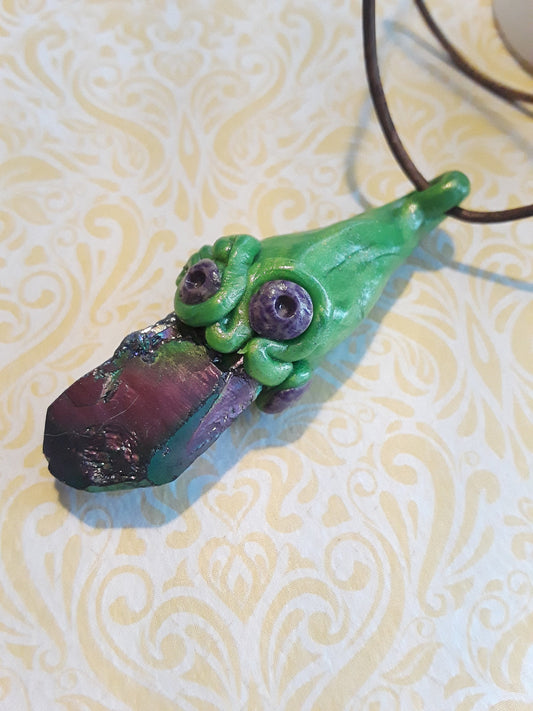 Crystal and sculpted clay. Fairy forest stone. Fantasy jewelry.