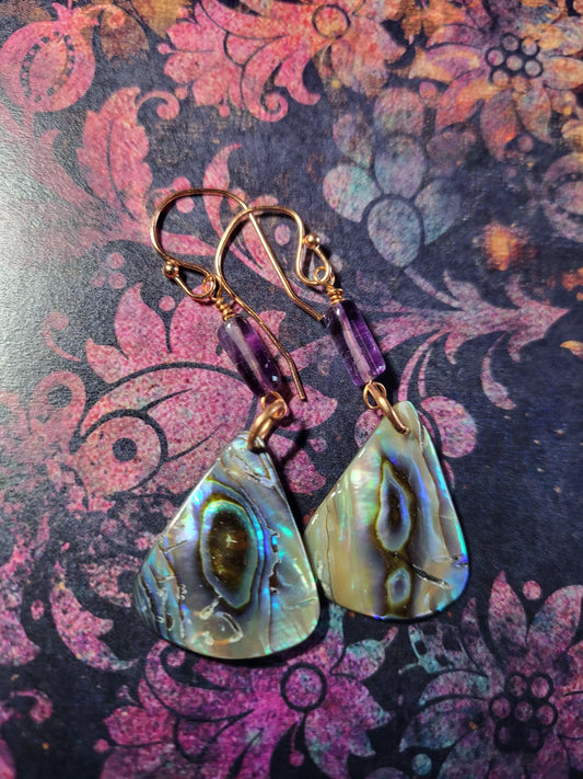 Abalone, Amethyst and Copper Drop Earrings
