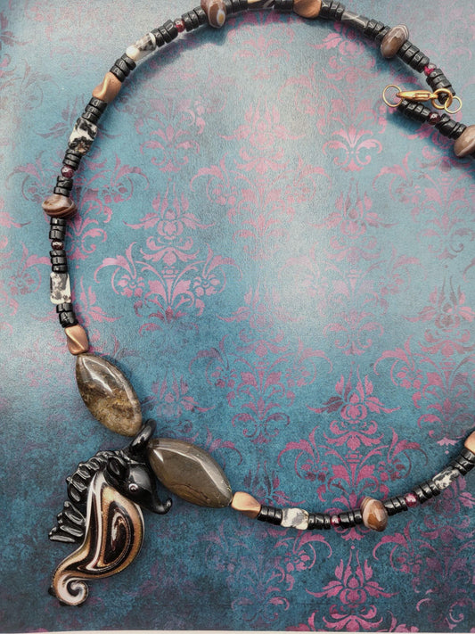 Glass Seahorse Beaded Necklace - Brown Jasper, Copper, Agates