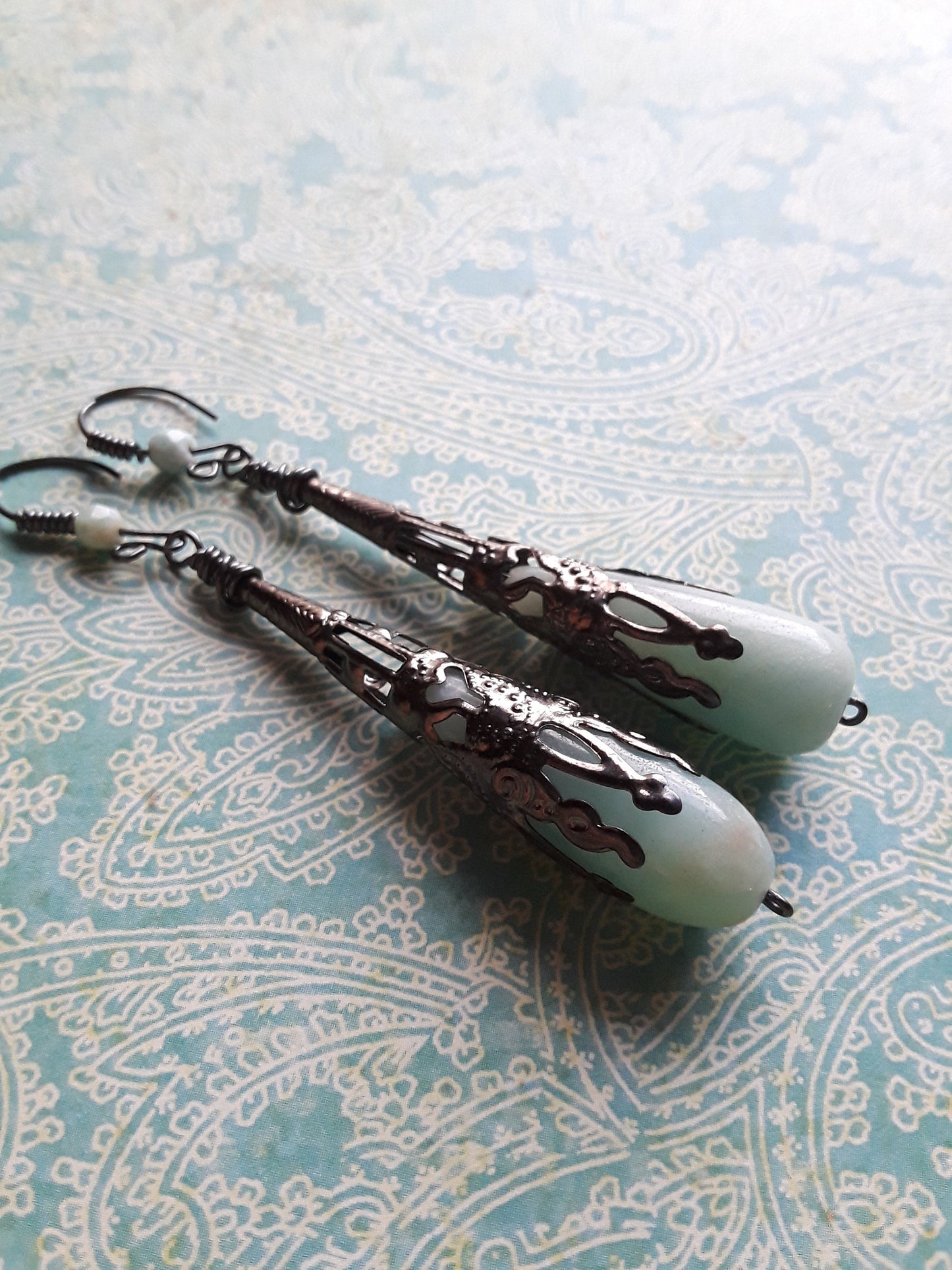 Amazonite Wire Wrapped Earrings with Gun Metal Wire and Bead Cap