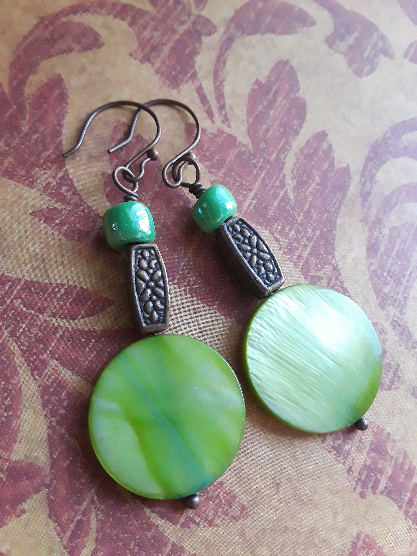 Green Shell, Copper and Glass Beaded Earrings Wire Wrapped Earrings