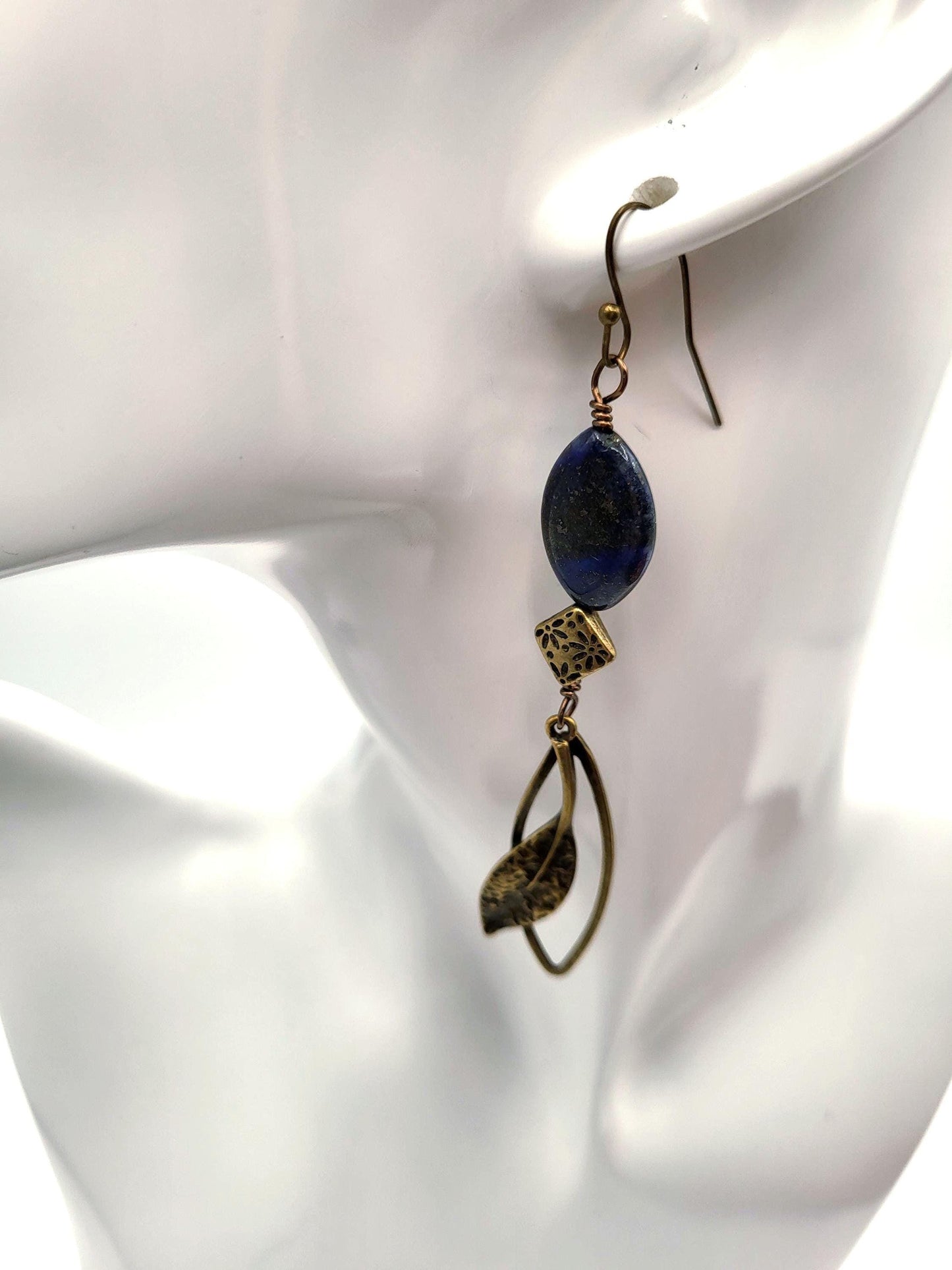 Lapis Lazuli and Bronze Leaf Drop Earrings